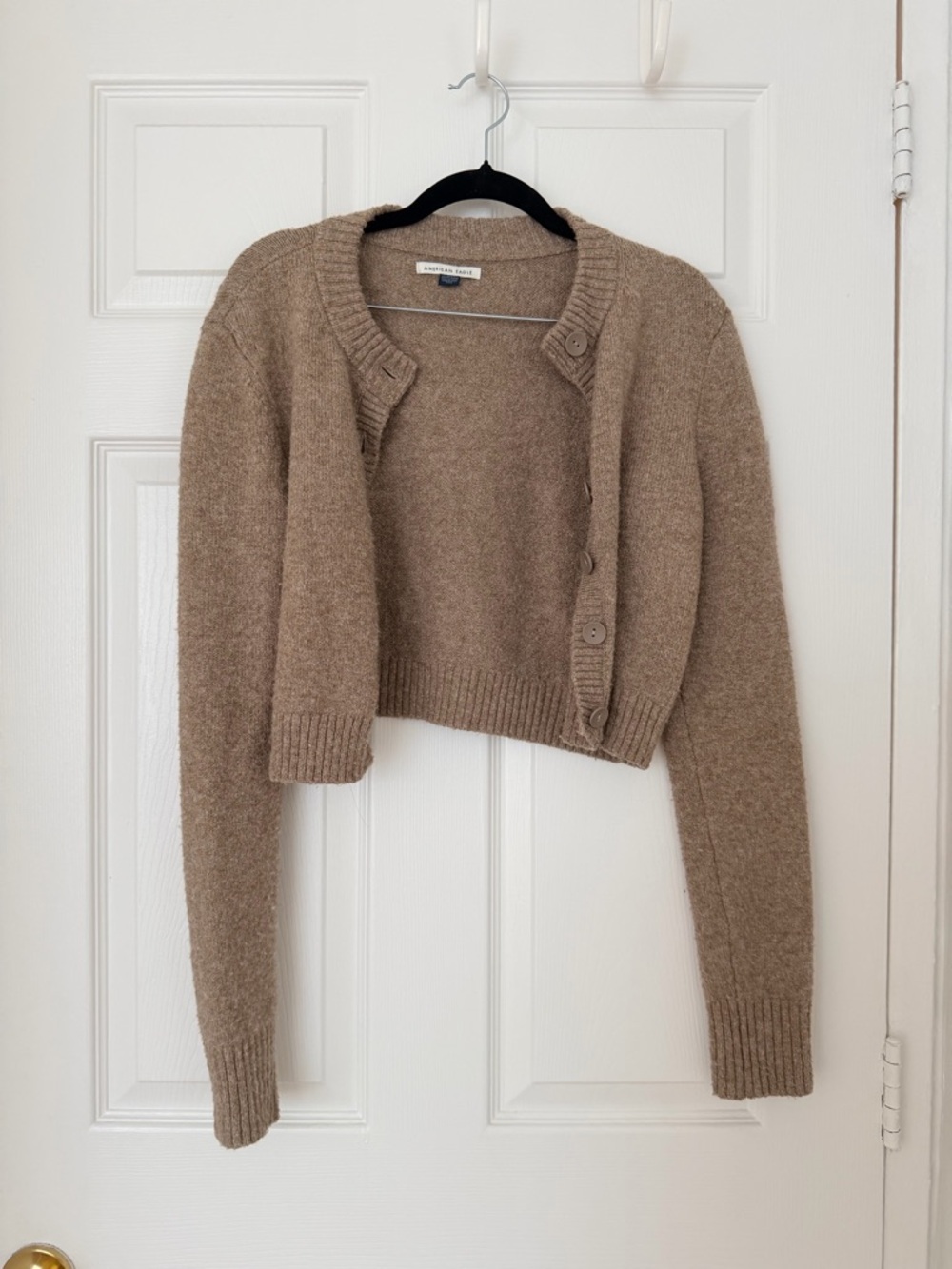 American Eagle Outfitters Cropped Button-Front Cardigan in Tan